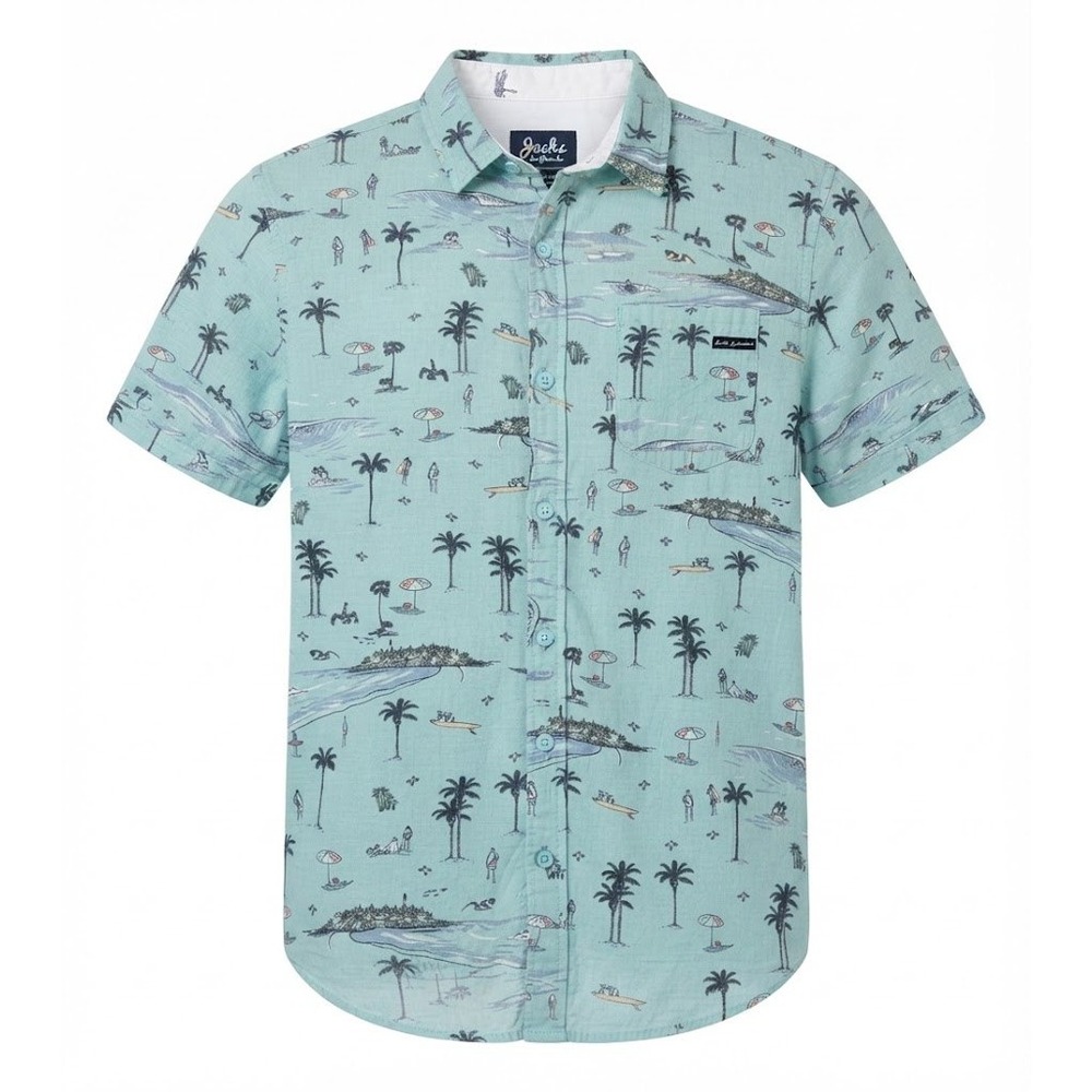 Jacks Surfboards Shirt Mens L Blue Tropical Island Print Beachy Casual Button